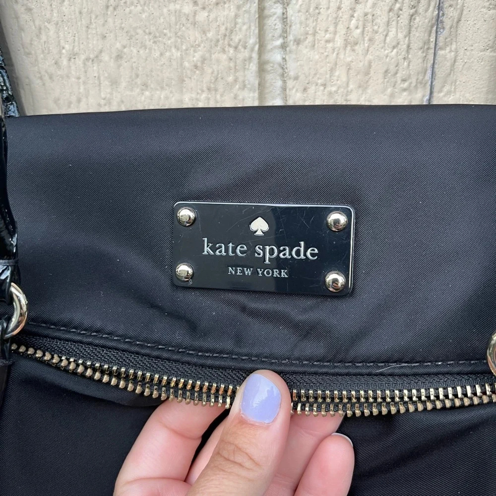 Kate Spade New York Fold Over Black Nylon with Black‎ Patent Leather Handles
